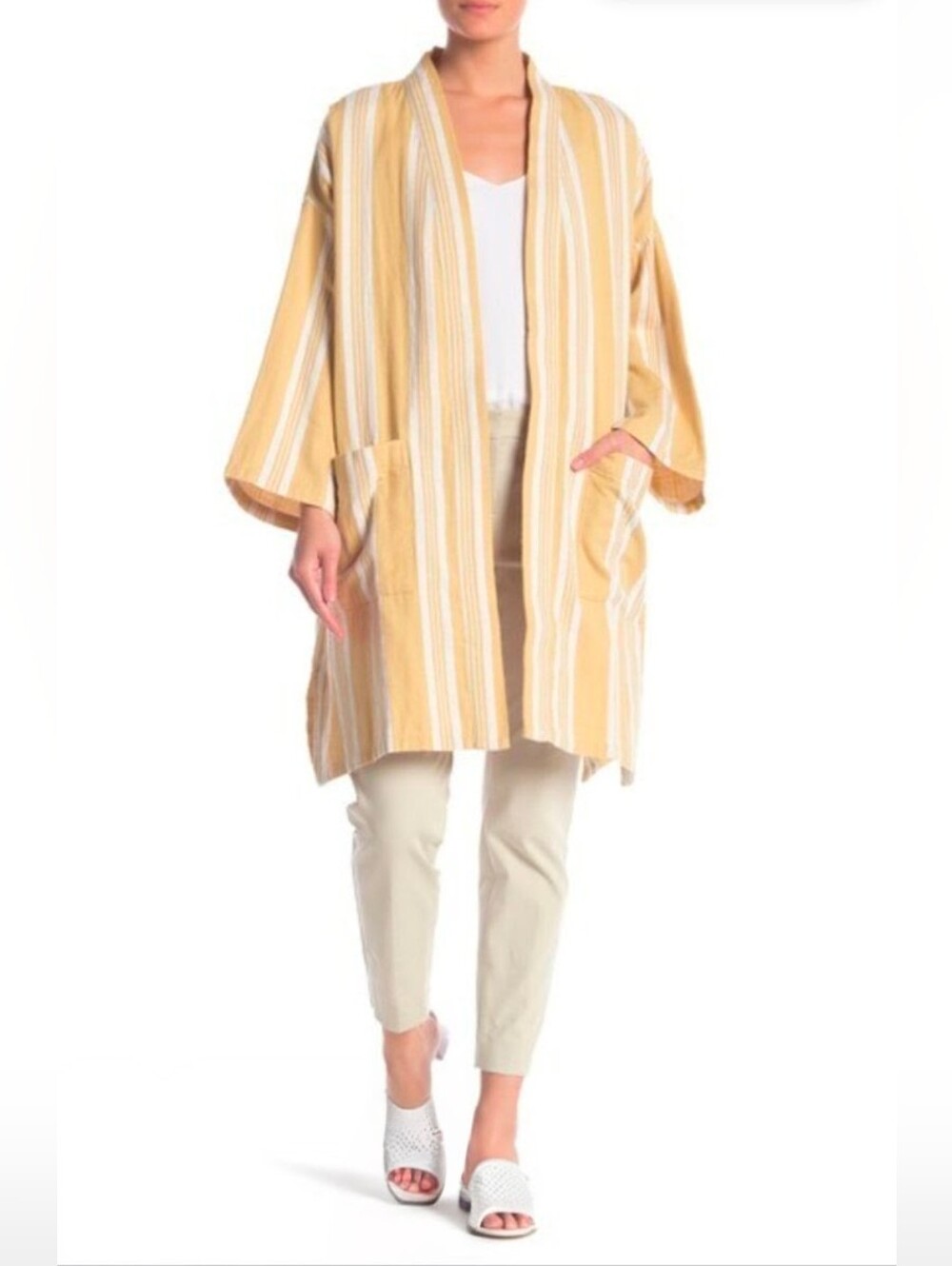 Eileen Fisher Open-Front Kimono Coatigan in Mustard and White